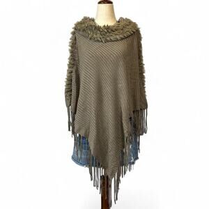 Womens Fur Collar Trim Fringe Poncho Asymmetrical Beige Y2K Winter Boho